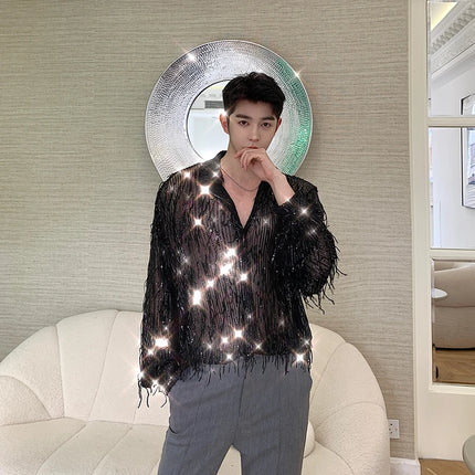 Summer Shiny Sequined Shirts Men's Fashion Bling Tassel Long Sleeve Shirt Nightclub DJ Singer Stage Costume Oversized Blouse