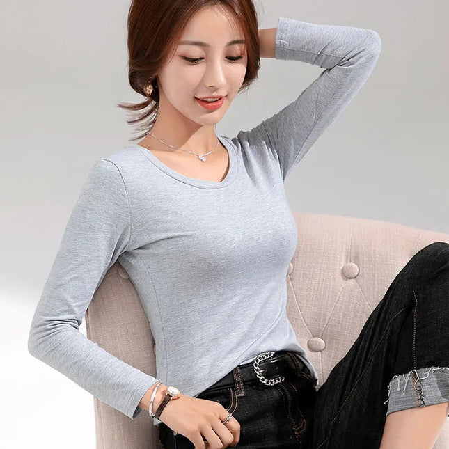 Brand T-shirt Slim Pure Cotton 95% T-shirt Long-sleeved for Thin White Tops Woman Tees Shirt