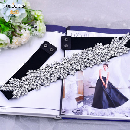 TOPQUEEN S01-E Fashion Floral Rhinestone Buckle Women's Elastic Waist Cinch Belt for Dress Formal Dress Belt Evening Party Band