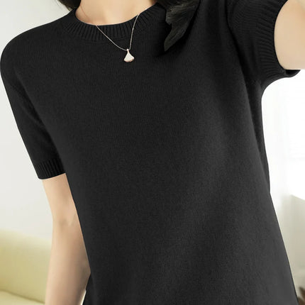 Short-sleeved Knitwear O-neck T-shirt Wool Cotton Blend Pullover Vest Sprig Summer Bottoming Tops Sweater