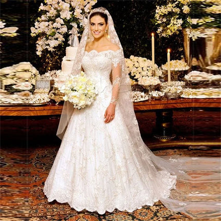 Customized robe de mariage Off shoulder Long Sleeve Lace Applique Wedding Dresses A Line Romantic Bridal Dress Vestidos De Noiva