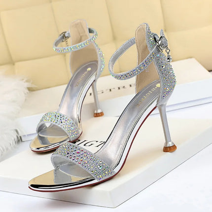 BIGTREE Silver Bling Crystal Sexy Women Sandals High Heels Buckle Strap Gladiator Women Sandals Stiletto Wedding Rhine Stone