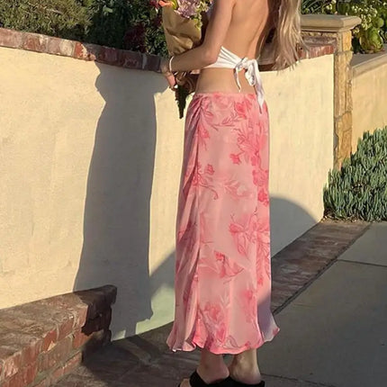 Y2K Vintage Women Half Dress Floral Straight Loose Slimming Low Waist Summer Fall Pink Flowing Skirt Dating Party Holiday