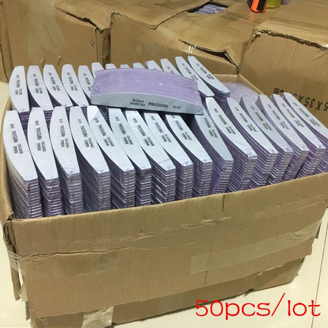 50 Uds. 100/180 Lima de uñas de papel de lija lavable para arte de uñas, plátano semilunar, pulido curvo, juego de herramientas profesionales de manicura