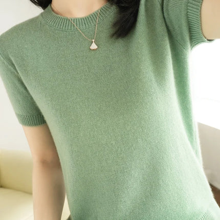 Short-sleeved Knitwear O-neck T-shirt Wool Cotton Blend Pullover Vest Sprig Summer Bottoming Tops Sweater