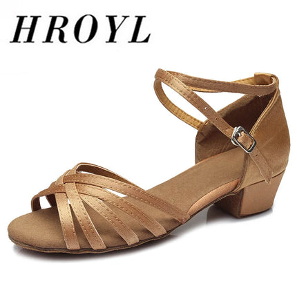 Beige satin Latin dance shoe with an open toe and crossing straps