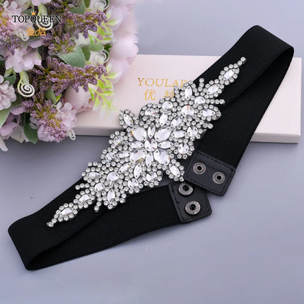 TOPQUEEN S01-E Fashion Floral Rhinestone Buckle Women's Elastic Waist Cinch Belt for Dress Formal Dress Belt Evening Party Band