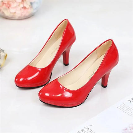 New Women Pumps Shoes Women PU Leather Shallow Slip-On Round Toe High heels Shoes Wedding Party Derss Shoes Mujer Size 34-42