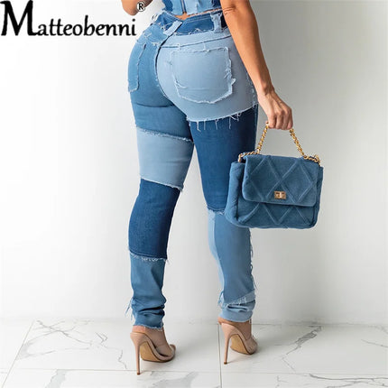 2025 New Women's Patchwork Slim Fit Denim Pencil Pants Stretch Color Block Fringed Trim Butt-Lift Skinny High Waist Jeans Pants