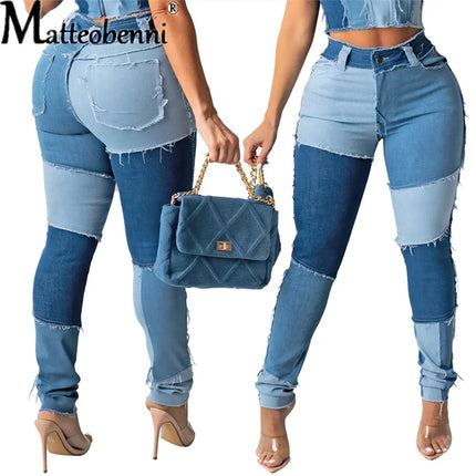 2025 New Women's Patchwork Slim Fit Denim Pencil Pants Stretch Color Block Fringed Trim Butt-Lift Skinny High Waist Jeans Pants