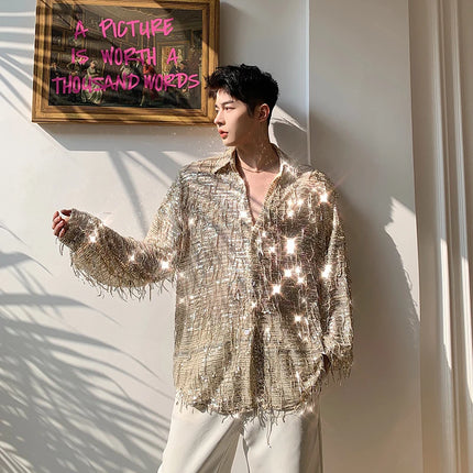 Summer Shiny Sequined Shirts Men's Fashion Bling Tassel Long Sleeve Shirt Nightclub DJ Singer Stage Costume Oversized Blouse