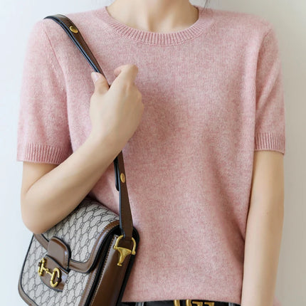 Short-sleeved Knitwear O-neck T-shirt Wool Cotton Blend Pullover Vest Sprig Summer Bottoming Tops Sweater