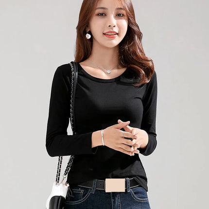 Brand T-shirt Slim Pure Cotton 95% T-shirt Long-sleeved for Thin White Tops Woman Tees Shirt