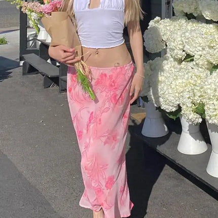Y2K Vintage Women Half Dress Floral Straight Loose Slimming Low Waist Summer Fall Pink Flowing Skirt Dating Party Holiday