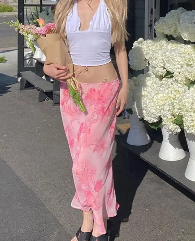 Y2K Vintage Damen Halbkleid Blumenmuster Gerade Locker Schlank Machend Niedrige Taille Sommer Herbst Rosa Fließender Rock Dating Party Urlaub