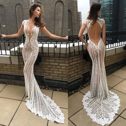 Sexy Illusion Top Mermaid Wedding Dresses Deep V Neck Lace Appliqued Bridal Gowns Cap Sleeve Beach Vestido De Novia Custom Made
