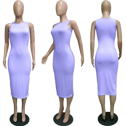Sexy Solid Knee-length Bodycon Dress Summer Women O-neck Sleeveless Sheath Clubwear Basic Midi Pencil Dress Sundress Robe Femme