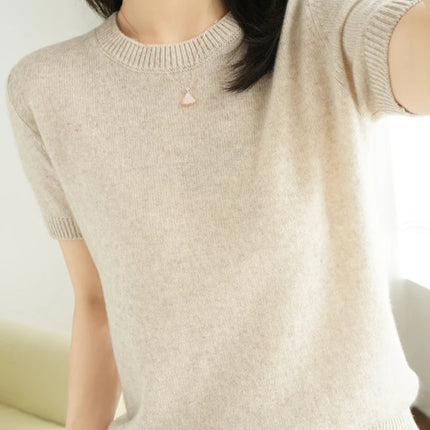 Short-sleeved Knitwear O-neck T-shirt Wool Cotton Blend Pullover Vest Sprig Summer Bottoming Tops Sweater