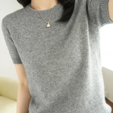 Short-sleeved Knitwear O-neck T-shirt Wool Cotton Blend Pullover Vest Sprig Summer Bottoming Tops Sweater