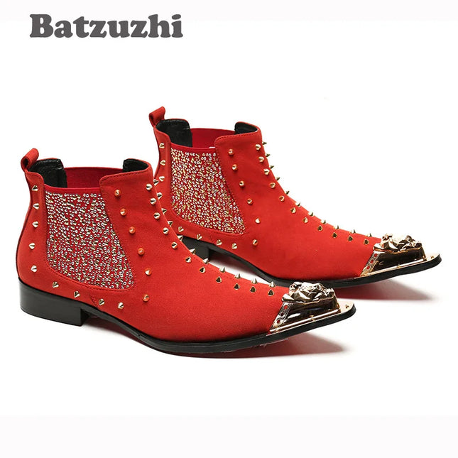 Batzuzhi Brand Rivets Knight Boots Men Western Pointed Metal Tip Leather Short Boot Men Bar, DJ, Stage Party Boots for Men