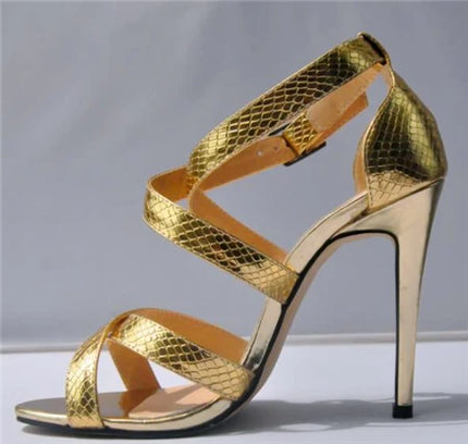 Metal Heel Sexy Crocodile Pattern/Patent Leather Women Sandals 2025 New Open Toe Cross Buckle High Heels Dress Party Shoes Woman