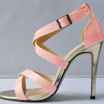 Metal Heel Sexy Crocodile Pattern/Patent Leather Women Sandals 2025 New Open Toe Cross Buckle High Heels Dress Party Shoes Woman