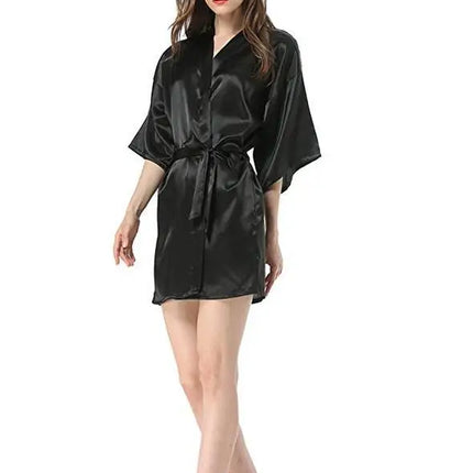 New Black Chinese Women's Faux Silk Robe Bath Gown Hot Sale Kimono Yukata Bathrobe Solid Color Sleepwear S M L XL XXL NB032