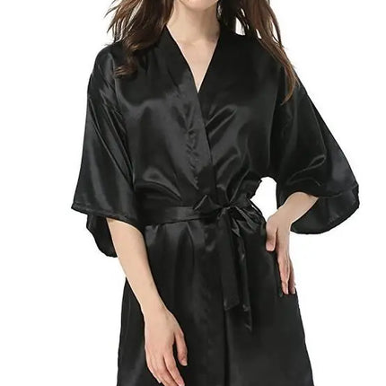 New Black Chinese Women's Faux Silk Robe Bath Gown Hot Sale Kimono Yukata Bathrobe Solid Color Sleepwear S M L XL XXL NB032