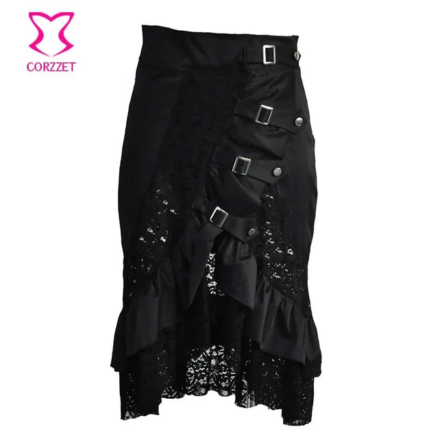 Viktorianischer schwarzer Satin- & Spitzen-Blumenrüschen-Steampunk-Rock Burleske Vintage Sexy Röcke Damen Übergröße 6XL Gothic-Kleidung