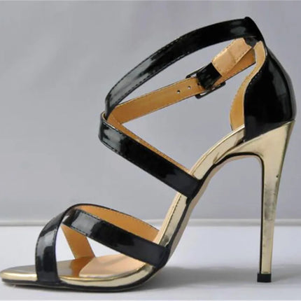 Metal Heel Sexy Crocodile Pattern/Patent Leather Women Sandals 2025 New Open Toe Cross Buckle High Heels Dress Party Shoes Woman