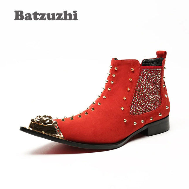 Batzuzhi Brand Rivets Knight Boots Men Western Pointed Metal Tip Leather Short Boot Men Bar, DJ, Stage Party Boots for Men