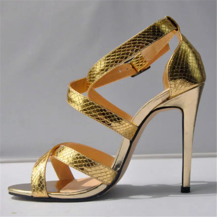Metal Heel Sexy Crocodile Pattern/Patent Leather Women Sandals 2025 New Open Toe Cross Buckle High Heels Dress Party Shoes Woman