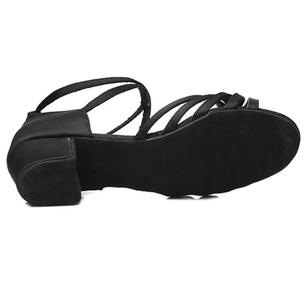 Sole view of a black low-heel Latin dance shoe