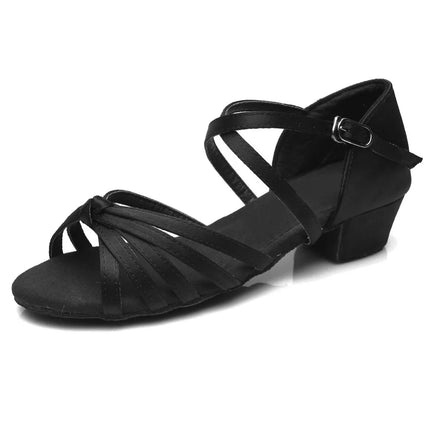 Black satin ballroom dance shoe with crossing ankle straps