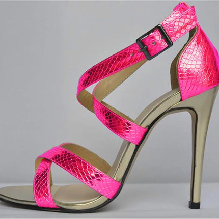 Metal Heel Sexy Crocodile Pattern/Patent Leather Women Sandals 2025 New Open Toe Cross Buckle High Heels Dress Party Shoes Woman