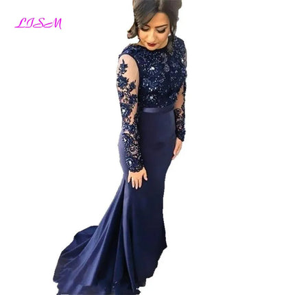Navy Blue Mermaid Evening Dresses O-Neck Long Sleeves Sweep Train Prom Formal Dress Beaded Appliques Long Bridesmaid Dress