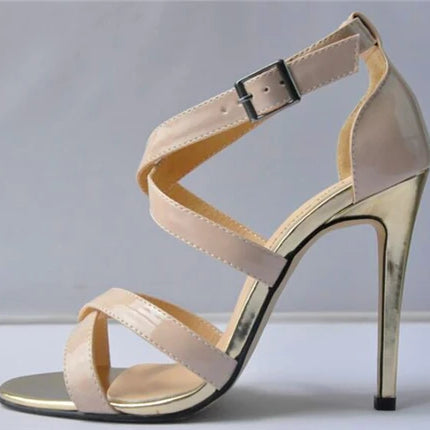 Metal Heel Sexy Crocodile Pattern/Patent Leather Women Sandals 2025 New Open Toe Cross Buckle High Heels Dress Party Shoes Woman