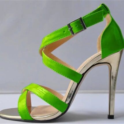 Metal Heel Sexy Crocodile Pattern/Patent Leather Women Sandals 2025 New Open Toe Cross Buckle High Heels Dress Party Shoes Woman