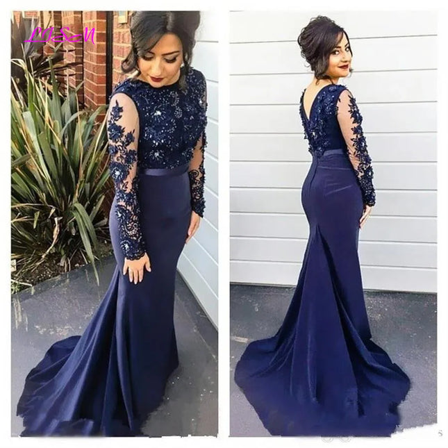 Marineblaue Meerjungfrauen-Abendkleider O-Ausschnitt Langarm Sweep Train Ballkleid Formelles Kleid Perlenapplikationen Langes Brautjungfernkleid