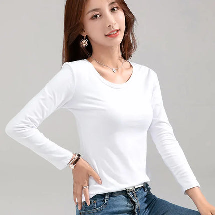 Brand T-shirt Slim Pure Cotton 95% T-shirt Long-sleeved for Thin White Tops Woman Tees Shirt
