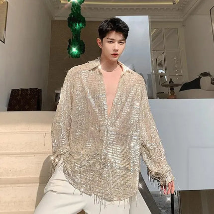 Summer Shiny Sequined Shirts Men's Fashion Bling Tassel Long Sleeve Shirt Nightclub DJ Singer Stage Costume Oversized Blouse