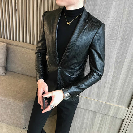 Slim Fit Blazers Jackets For Men PU Leather Suit Coats Men Leather Jackets Male Business Casual Suit Coats Man Blazers Size 4XL