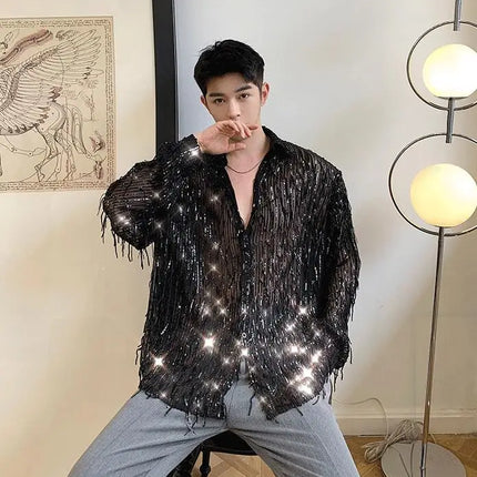 Summer Shiny Sequined Shirts Men's Fashion Bling Tassel Long Sleeve Shirt Nightclub DJ Singer Stage Costume Oversized Blouse