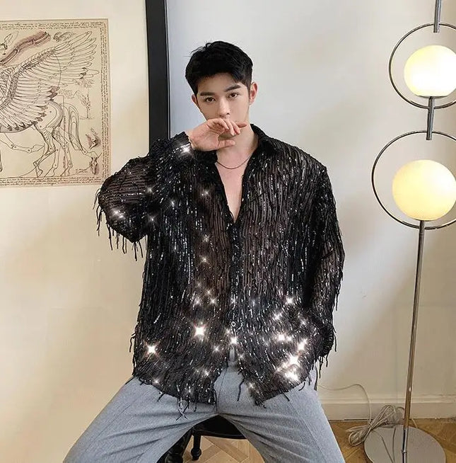 Sommer Glitzer Pailletten Hemden Herrenmode Bling Quaste Langarmhemd Nachtclub DJ Sänger Bühnenkostüm Oversize Bluse
