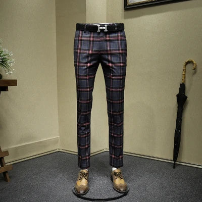 men pants retro slim business man streetwear England style red plaid mens pants autumn spring young mans clothing 30 36