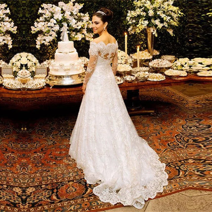 Customized robe de mariage Off shoulder Long Sleeve Lace Applique Wedding Dresses A Line Romantic Bridal Dress Vestidos De Noiva