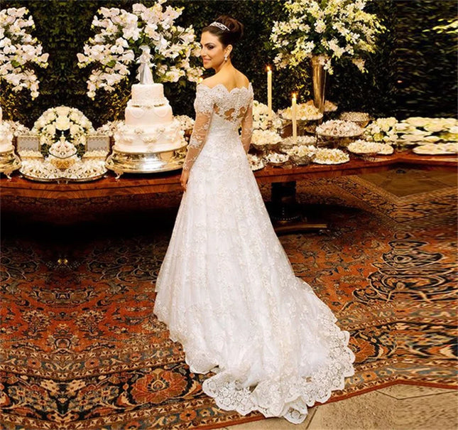 Maßgeschneidertes Brautkleid Carmen-Ausschnitt Langarm Spitze Applikation Hochzeitskleider A-Linie Romantisches Brautkleid Vestidos De Noiva
