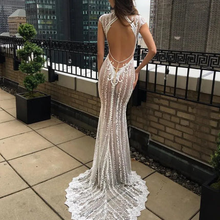 Sexy Illusion Top Mermaid Wedding Dresses Deep V Neck Lace Appliqued Bridal Gowns Cap Sleeve Beach Vestido De Novia Custom Made
