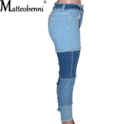 2025 New Women's Patchwork Slim Fit Denim Pencil Pants Stretch Color Block Fringed Trim Butt-Lift Skinny High Waist Jeans Pants