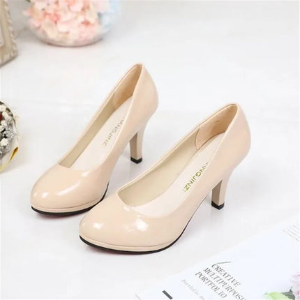 New Women Pumps Shoes Women PU Leather Shallow Slip-On Round Toe High heels Shoes Wedding Party Derss Shoes Mujer Size 34-42